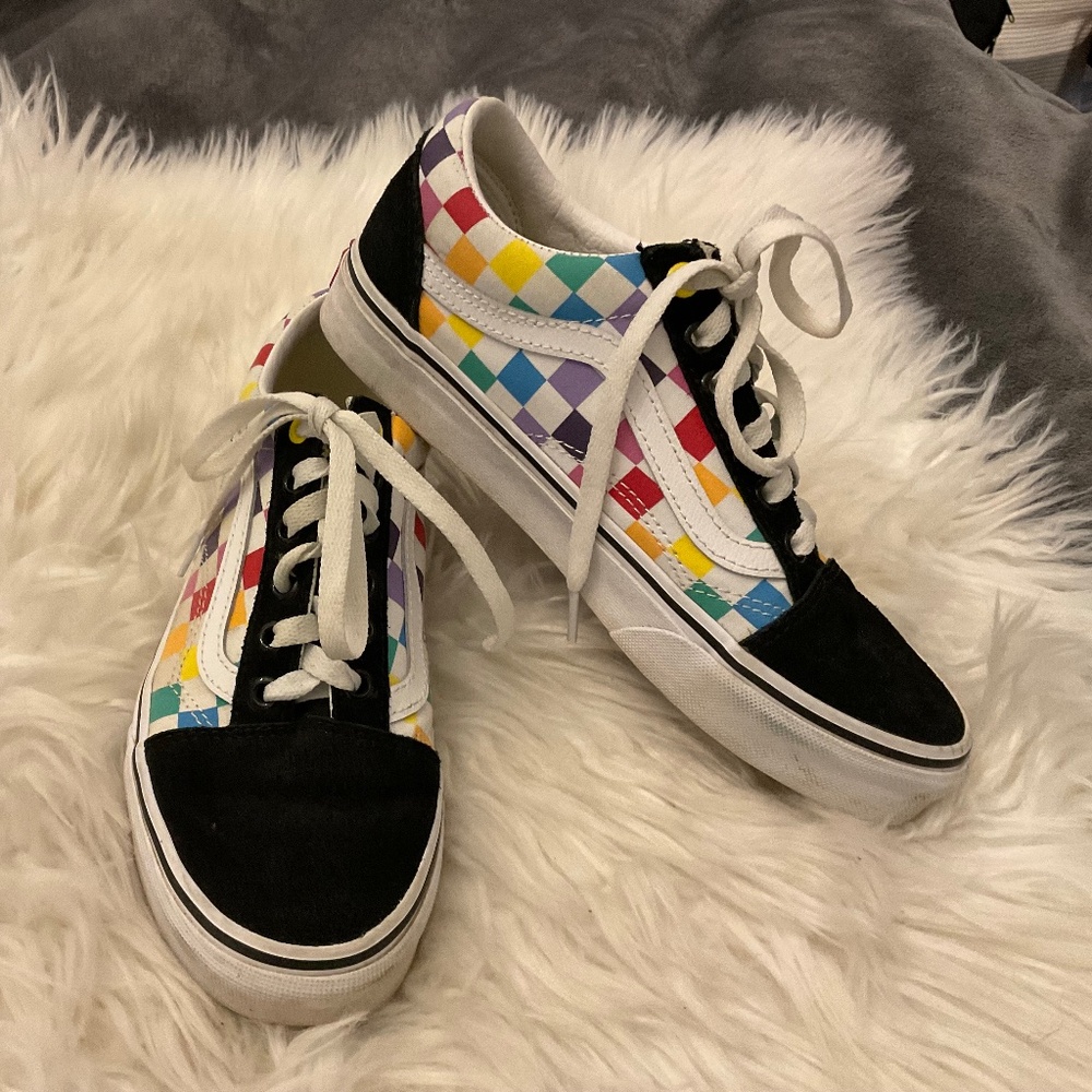 Vans Old Skool Checkerboard Sneakers in Black with Multi-Color Diamond Print